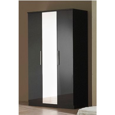 Topline Wooden Wardrobe In Black High Gloss With 3 Doors And Mirror