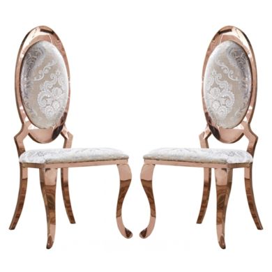 Tuscany White Fabric Dining Chairs In Pair With Rose Gold Legs