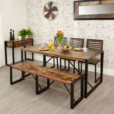 Urban Chic Large Wooden Dining Table With 1 Bench And 4 Chairs