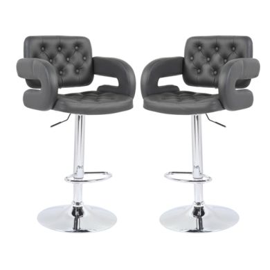 Utah Grey Faux Leather Bar Stools With Chrome Metal Base In Pair