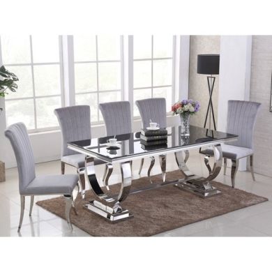 Venice Black Glass Dining Table With 6 Liyana Grey Chairs