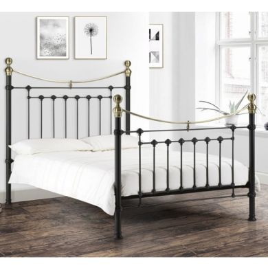 Victoria Metal Double Bed In Satin Black And Brass