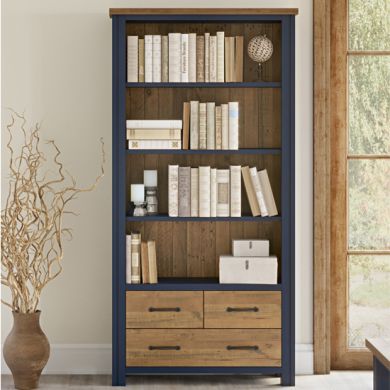 Splash Wooden Large Open Bookcase With 3 Drawers In Blue