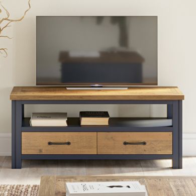 Splash Wooden TV Stand With 2 Drawers In Oak And Blue