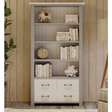 GreyStone Wooden Large Open Bookcase With 3 Drawers In Grey