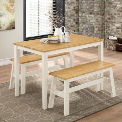 Washington Wooden Dining Set In Natural Oak And White With 2 Benches
