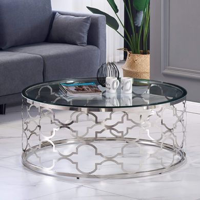 Yukon Round Clear Glass Coffee Table With Silver Stainless Steel Frame