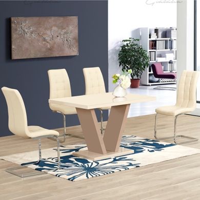 Zara Wooden Dining Table In Cream High Gloss With 4 Enzo Cream Chairs