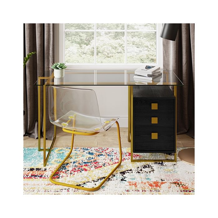 Atherton Smoked Glass Top Computer Desk With Gold Frame