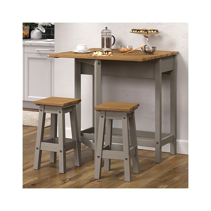 Corona Breakfast Wooden Drop Leaf Dining Set With 2 Stools In Grey