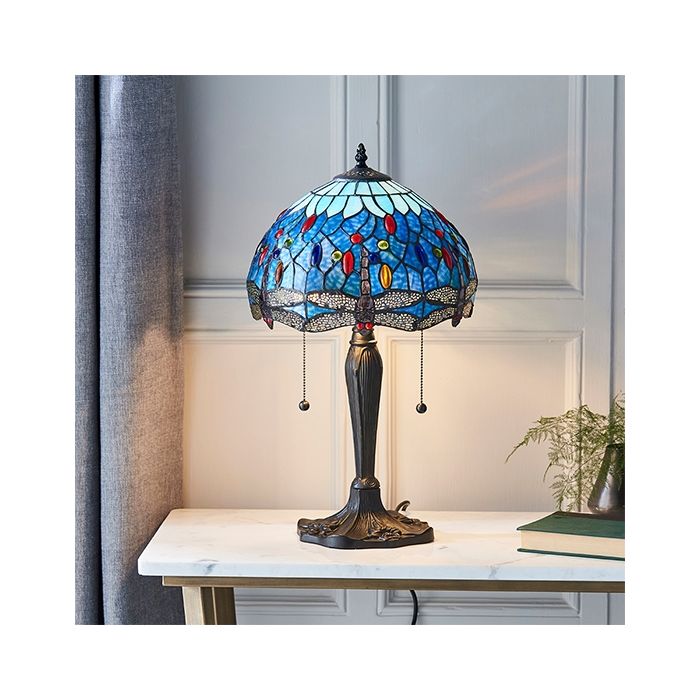 Dragonfly Small Blue Tiffany Glass Table Lamp In Dark Bronze