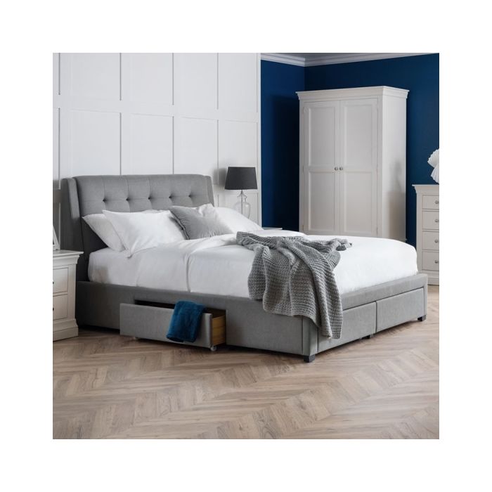 Fullerton Fabric Upholstered 4 Drawers King Size Bed In Grey