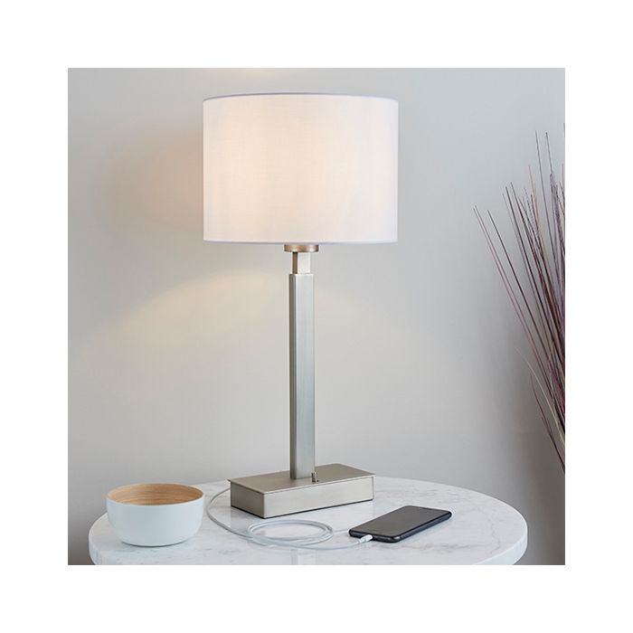 Norton Vintage White Cylinder Shade Table Lamp With USB In Matt