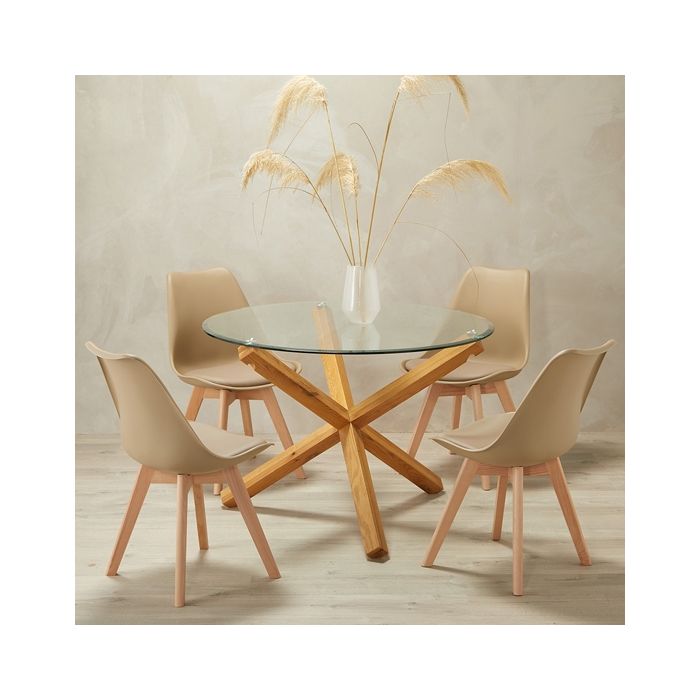 Oporto Glass Top Medium Dining Table With 4 Louvre Putty Chairs