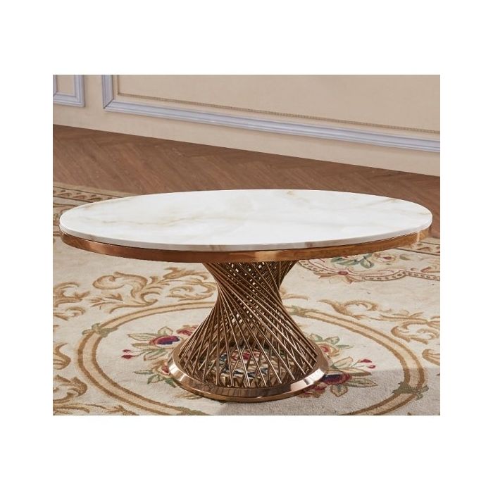 Pescara Oval Marble Coffee Table In White With Rose Gold Base