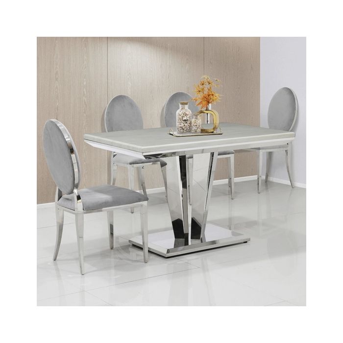 Riccardo 80cm Marble Dining Table In Cream With 4 Hampton Grey Chairs
