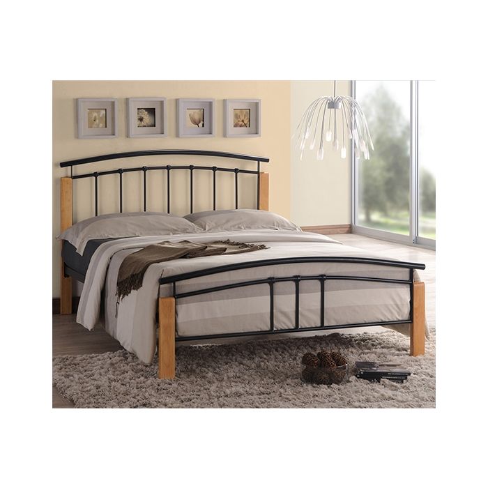 Tetras Metal King Size Bed In Black And Oak Wooden Frame
