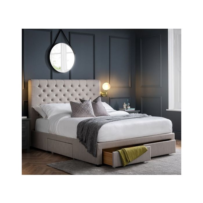 Wilton Linen Fabric Storage King Size Bed In Grey With 4 Drawers