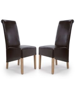 Krista Roll Back Brown Bonded Leather Dining Chairs In Pair