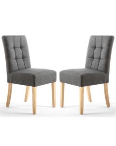 Moseley Stitched Waffle Steel Grey Linen Effect DIning Chairs With Natural Legs In Pair