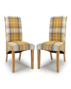 Karta Yellow Checks Scroll Back Fabric Dining Chairs In Pair
