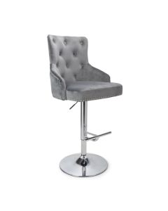 Rocco Brushed Velvet Bar Stool In Grey With Chrome Footrest And Base