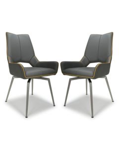 Mako Swivel Graphite Grey Leather Effect Dining Chairs In Pair