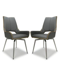 Mako Swivel Graphite Grey Leather Effect Dining Chairs In Pair