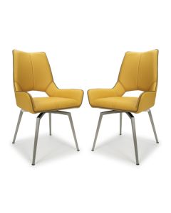 Mako Swivel Yellow Grey Leather Effect Dining Chairs In Pair