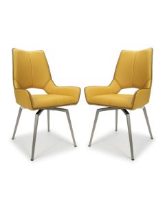 Mako Swivel Yellow Grey Leather Effect Dining Chairs In Pair