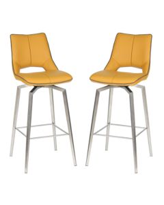Mako Swivel Yellow Grey Leather Effect Bar Chairs In Pair