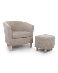 Tub Tweed Fabric Armchair And Stool In Oatmeal With Natural Rubberwood Legs