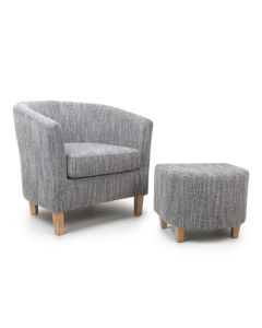 Tub Tweed Fabric Armchair And Stool In Grey With Natural Rubberwood Legs