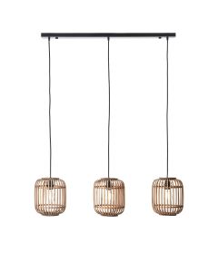 Mathias 3 Lights Linear Ceiling Pendant Light In Natural Bamboo Open Framework