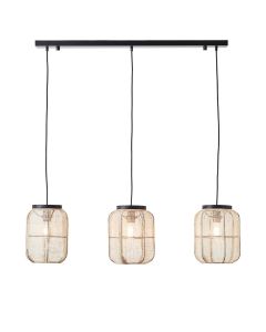 Zaire 3 Lights Natural Linen Fabric Linear Ceiling Pendant Light In Matt Black