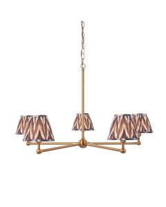 Santiago And Zigzag 5 Lights 16cm Pearl Grey Shade Ceiling Pendant Light In Brushed Aged Brass