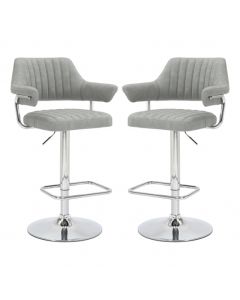 Cortez Swivel Light Grey Leather Effect Fabric Bar Stools In Pair