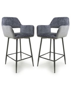 Sorento Blue And Grey Chenille Corduroy Fabric Bar Chairs In Pair