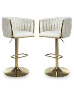 Bellaire Cream Textured Effect Velvet Bar Stools In Pair