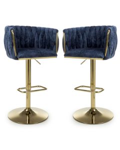 Bellaire Blue Textured Effect Velvet Bar Stools In Pair