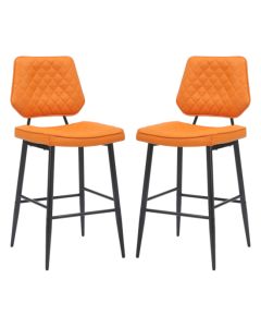 Garrick Orange Real Leather Bar Stools In Pair