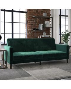 Liam Velvet Futon Sofa Bed In Green With Solid Wood Legs