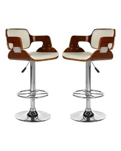 Sotres White Leather Effect And Walnut Wooden Seat Bar Stools In Pair