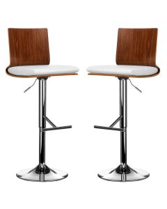 Sotres White Leather And Walnut Wooden Seat Bar Stools In Pair