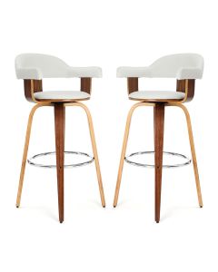 Bohena Rotating White Faux Leather Bar Chairs With Armrest In Pair