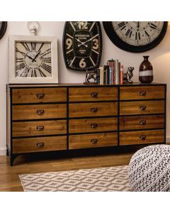 Neasden Wooden Chest Of 12 Drawers In Natural With Black Metal Legs