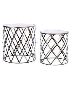 Avantis Diamond Design Mirrored Glass Set Of 2 Side Tables With Silver Frame