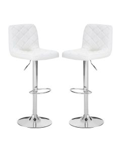 Tora White Leather Effect Gas-Lift Bar Stools With Chrome Base In Pair