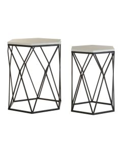 Arcana Hexagonal Marble Set Of 2 Side Tables With Black Metal Frame