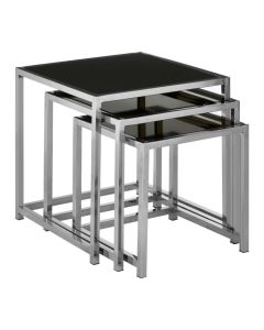 Axminster Black Glass Nest Of 3 Tables With Silver Stainless Steel Frame